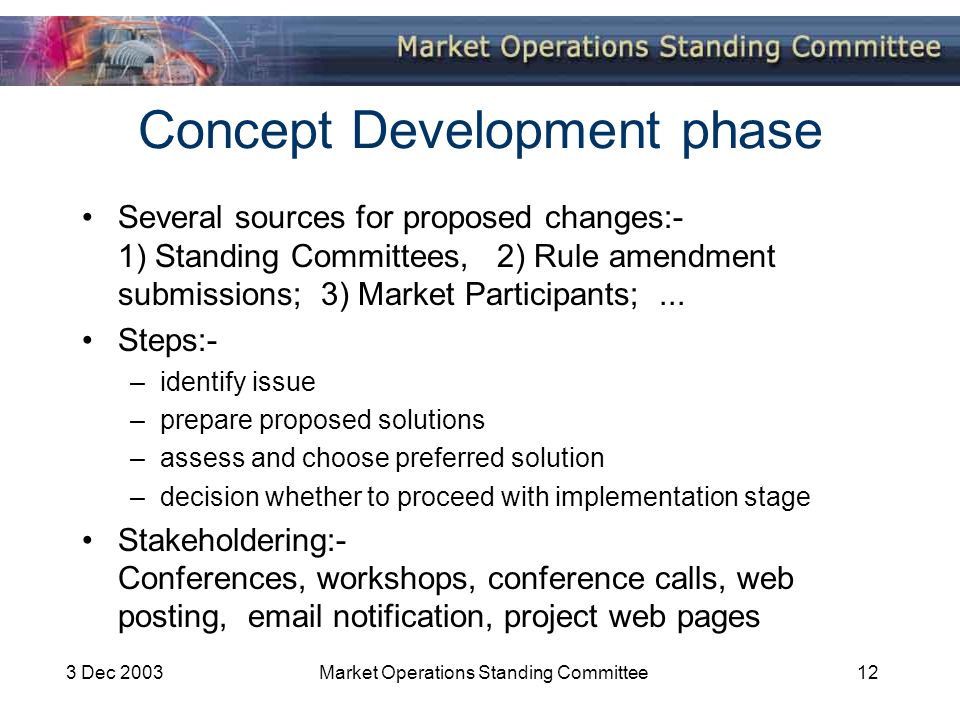 3 Dec 2003Market Operations Standing Committee12 Concept Development phase Several sources for proposed changes:- 1) Standing Committees, 2) Rule amendment submissions; 3) Market Participants;...