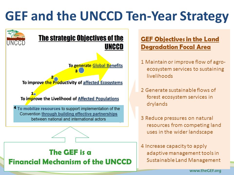 The GEF is a Financial Mechanism of the UNCCD GEF Objectives in the Land Degradation Focal Area 1 Maintain or improve flow of agro- ecosystem services to sustaining livelihoods 2 Generate sustainable flows of forest ecosystem services in drylands 3 Reduce pressures on natural resources from competing land uses in the wider landscape 4 Increase capacity to apply adaptive management tools in Sustainable Land Management GEF and the UNCCD Ten-Year Strategy
