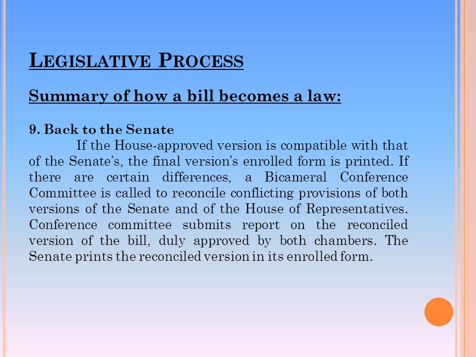 L EGISLATIVE P ROCESS Summary of how a bill becomes a law: 9.