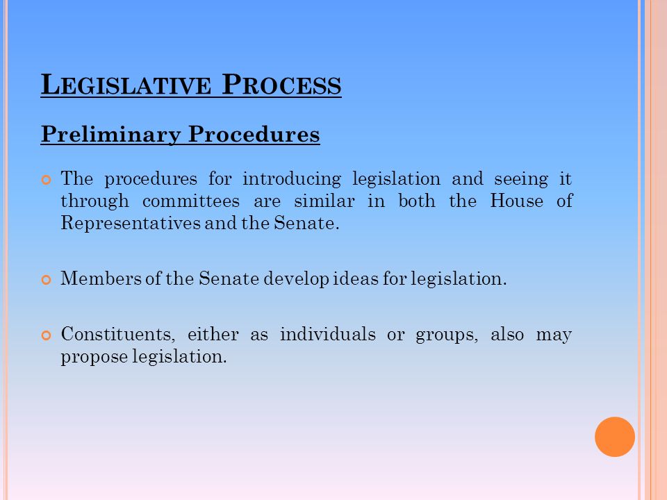 Preliminary Procedures The procedures for introducing legislation and seeing it through committees are similar in both the House of Representatives and the Senate.