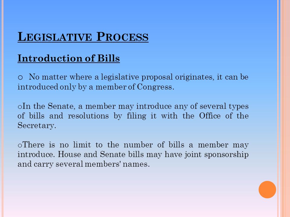 L EGISLATIVE P ROCESS Introduction of Bills o No matter where a legislative proposal originates, it can be introduced only by a member of Congress.