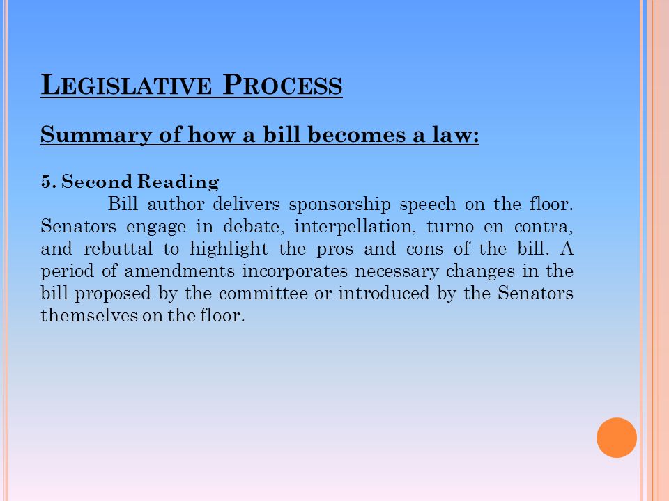 L EGISLATIVE P ROCESS Summary of how a bill becomes a law: 5.