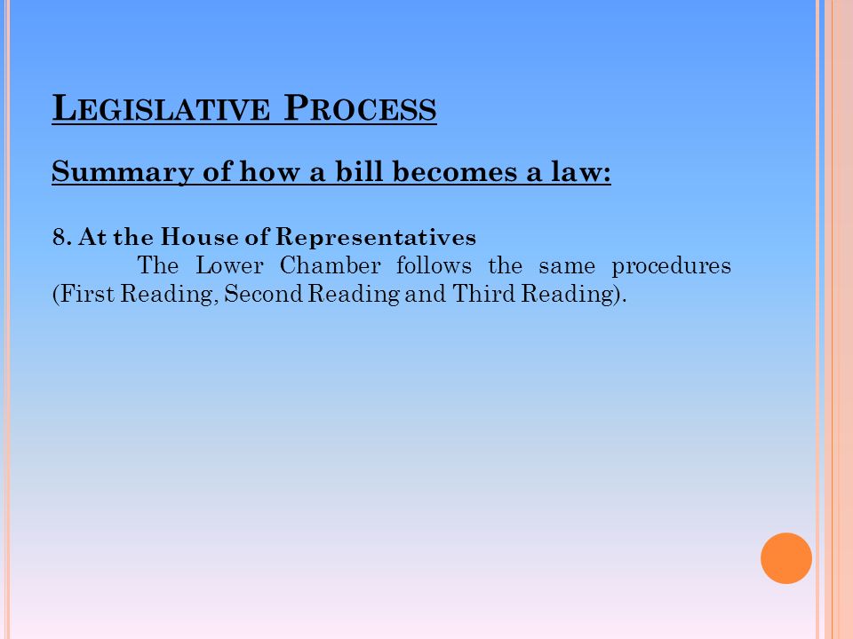 L EGISLATIVE P ROCESS Summary of how a bill becomes a law: 8.