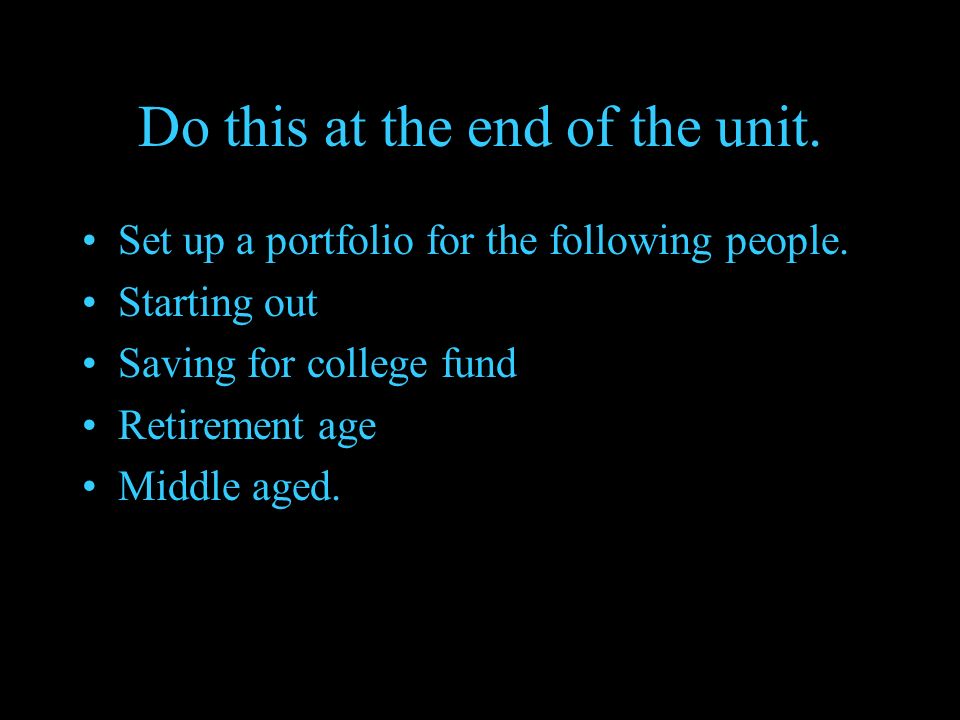 Do this at the end of the unit. Set up a portfolio for the following people.