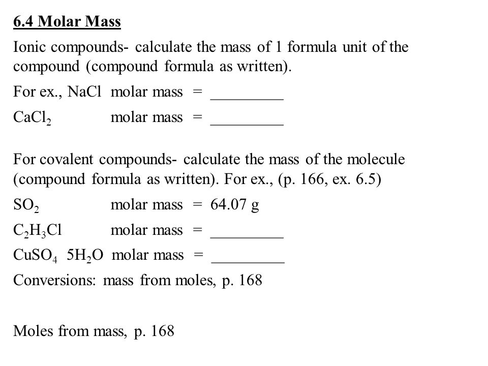 Chapter 6 Chemical Composition 1 Counting By Weighing Bean Lab 6 4 Molar Mass Ionic Compounds Calculate The Of 1 Formula Unit Compound