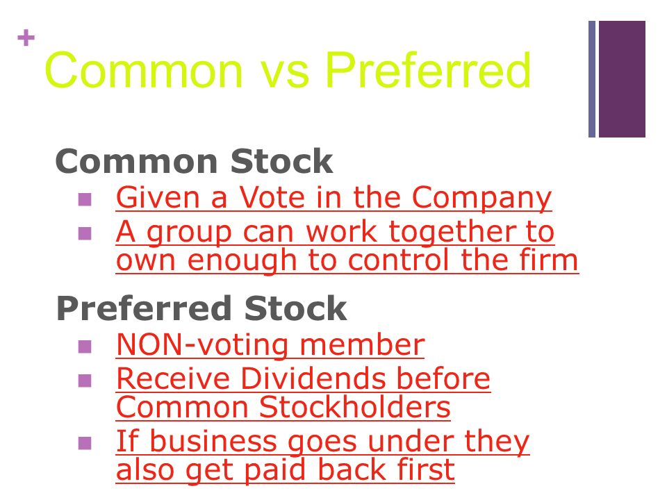 + Common vs Preferred Common Stock Given a Vote in the Company A group can work together to own enough to control the firm Preferred Stock NON-voting member Receive Dividends before Common Stockholders If business goes under they also get paid back first