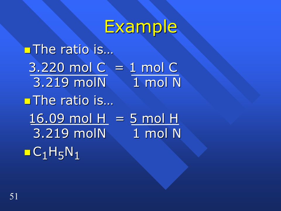 51 Example n The ratio is… mol C = 1 mol C molN 1 mol N mol C = 1 mol C molN 1 mol N n The ratio is… mol H = 5 mol H molN 1 mol N mol H = 5 mol H molN 1 mol N nC1H5N1nC1H5N1nC1H5N1nC1H5N1