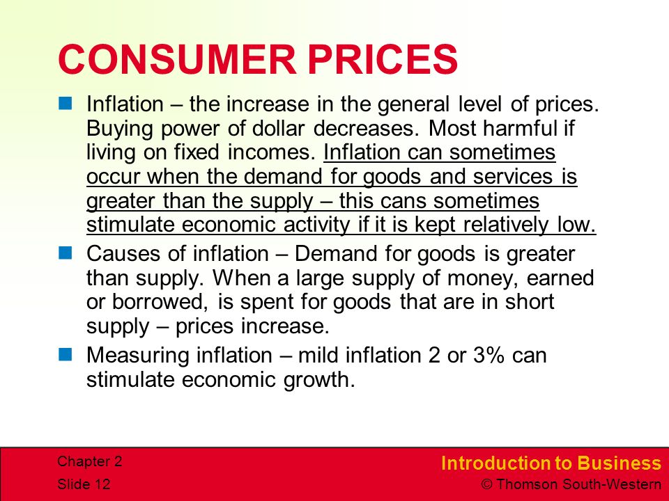 Introduction to Business © Thomson South-Western Chapter 2 Slide 12 CONSUMER PRICES Inflation – the increase in the general level of prices.