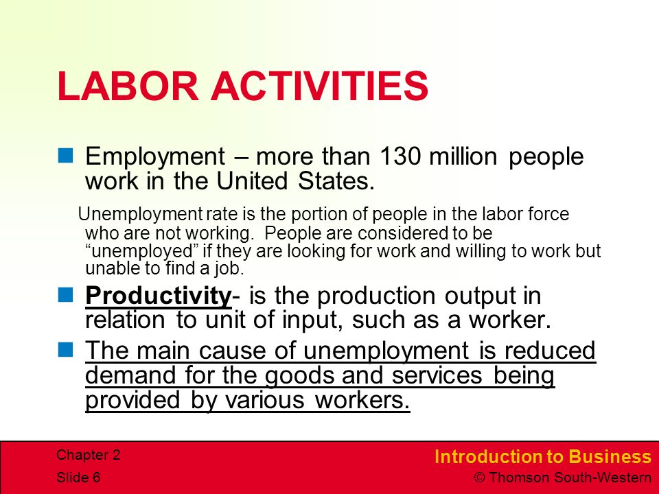 Introduction to Business © Thomson South-Western Chapter 2 Slide 6 LABOR ACTIVITIES Employment – more than 130 million people work in the United States.