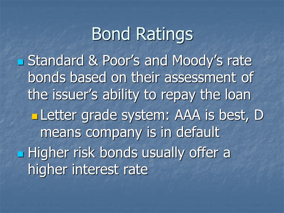 3 Components of Bonds Coupon Rate – interest rate the bond issuer will pay Coupon Rate – interest rate the bond issuer will pay Maturity – the time at which payment to the bondholder is due (usually 10 to 30 years) Maturity – the time at which payment to the bondholder is due (usually 10 to 30 years) Par Value – the amount the investor pays to purchase the bond, to be paid back upon maturity Par Value – the amount the investor pays to purchase the bond, to be paid back upon maturity