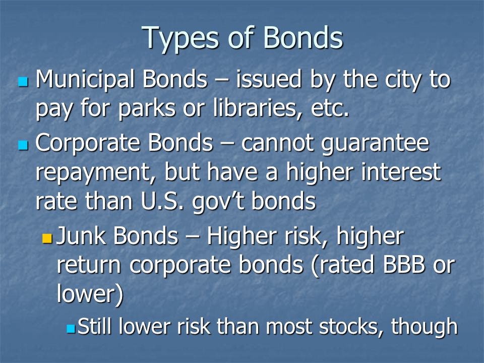 Types of Bonds Savings Bonds – issued by the U.S.
