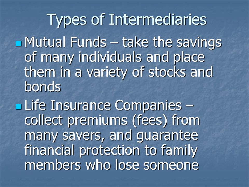 Types of Financial Intermediaries Banks, S&Ls, and Credit Unions – take deposits and loan out the money Banks, S&Ls, and Credit Unions – take deposits and loan out the money