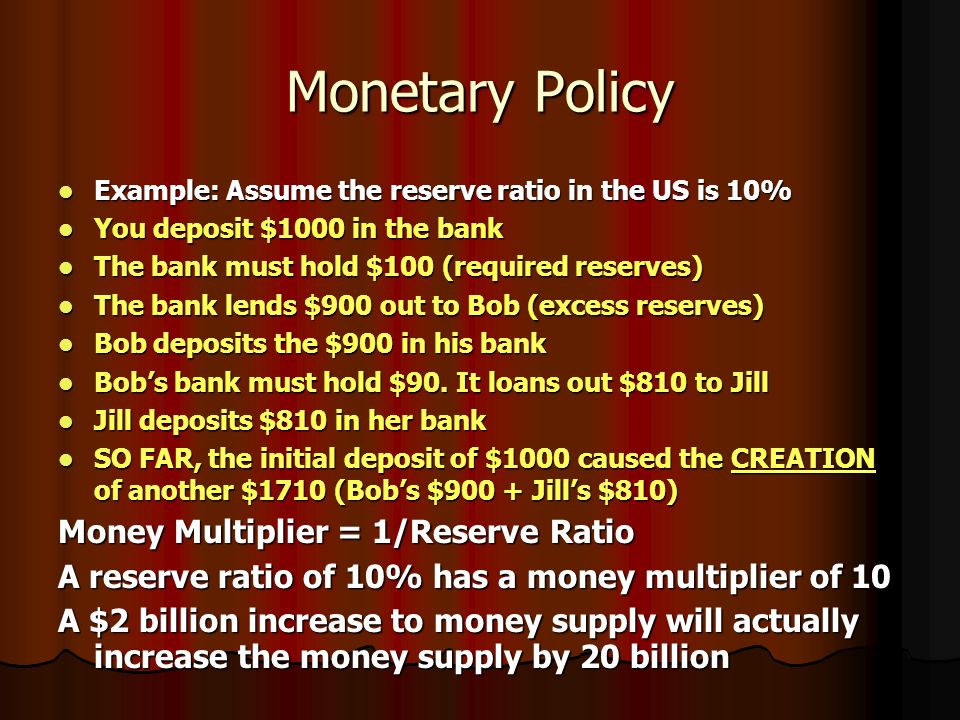 Monetary Policy Example: Assume the reserve ratio in the US is 10% Example: Assume the reserve ratio in the US is 10% You deposit $1000 in the bank You deposit $1000 in the bank The bank must hold $100 (required reserves) The bank must hold $100 (required reserves) The bank lends $900 out to Bob (excess reserves) The bank lends $900 out to Bob (excess reserves) Bob deposits the $900 in his bank Bob deposits the $900 in his bank Bob’s bank must hold $90.