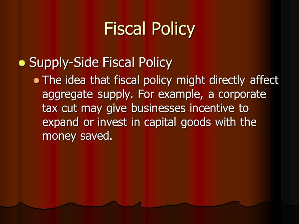 Fiscal Policy Supply-Side Fiscal Policy Supply-Side Fiscal Policy The idea that fiscal policy might directly affect aggregate supply.