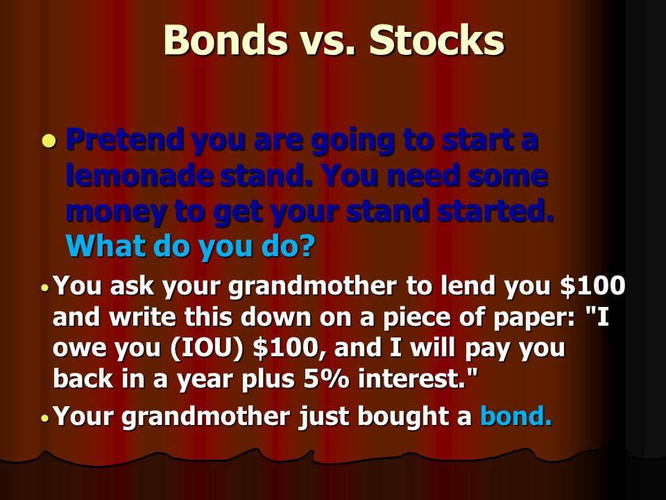 Bonds vs. Stocks Pretend you are going to start a lemonade stand.