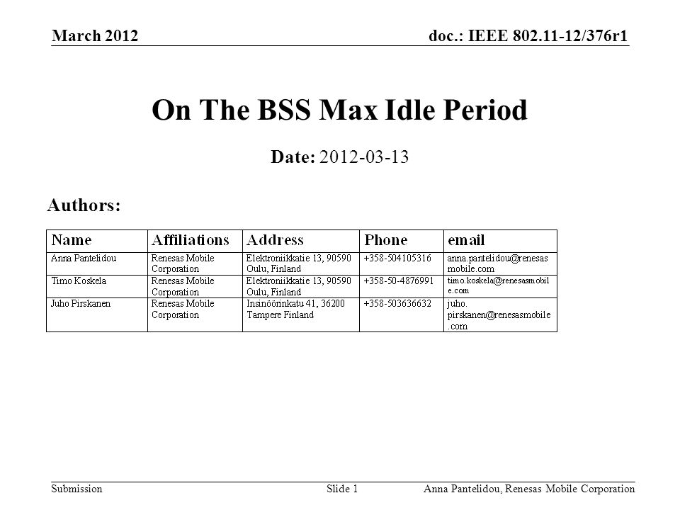 doc.: IEEE /376r1 Submission March 2012 Anna Pantelidou, Renesas Mobile CorporationSlide 1 On The BSS Max Idle Period Date: Authors: