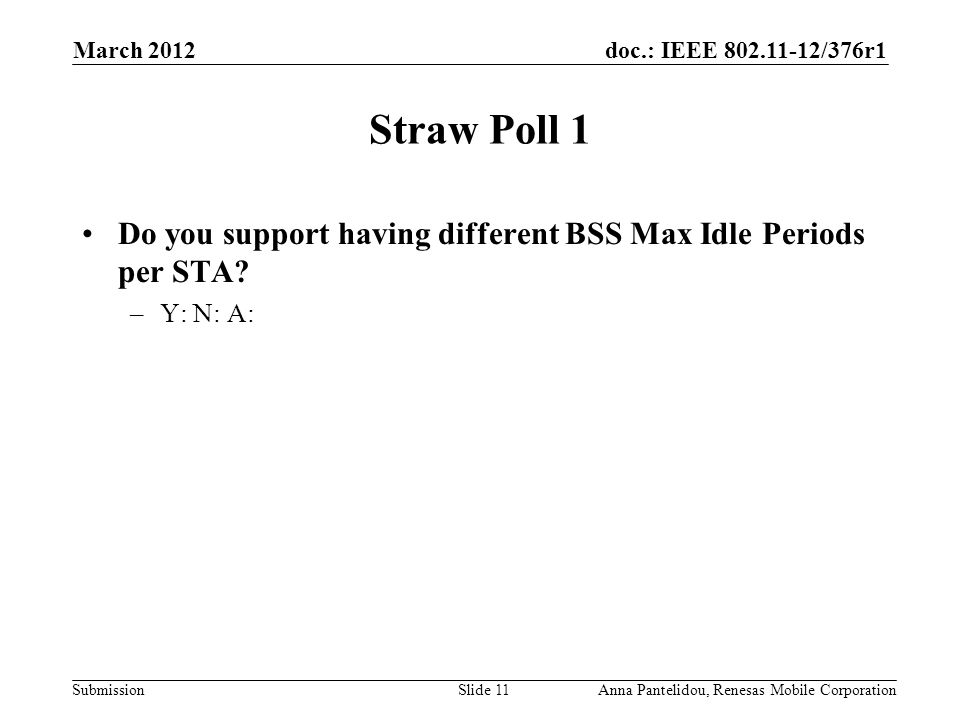 doc.: IEEE /376r1 Submission March 2012 Anna Pantelidou, Renesas Mobile CorporationSlide 11 Straw Poll 1 Do you support having different BSS Max Idle Periods per STA.