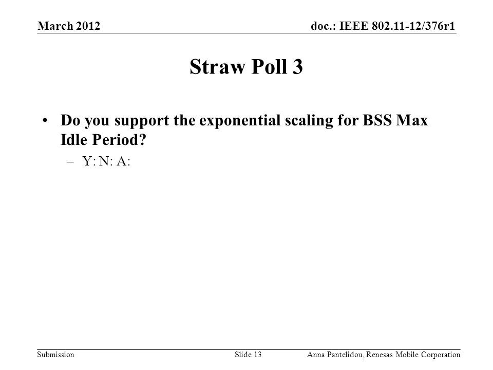 doc.: IEEE /376r1 Submission March 2012 Anna Pantelidou, Renesas Mobile CorporationSlide 13 Straw Poll 3 Do you support the exponential scaling for BSS Max Idle Period.