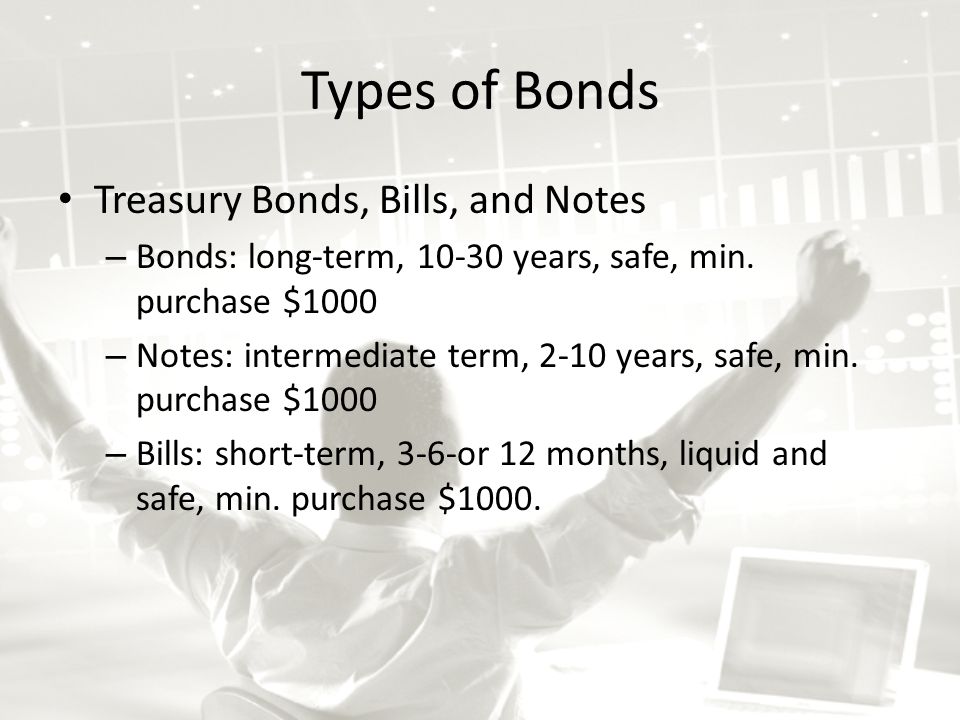 Types of Bonds Treasury Bonds, Bills, and Notes – Bonds: long-term, years, safe, min.