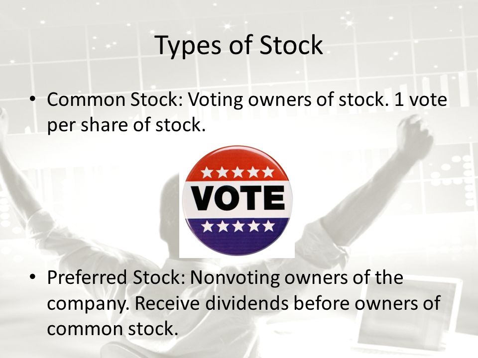 Types of Stock Common Stock: Voting owners of stock.