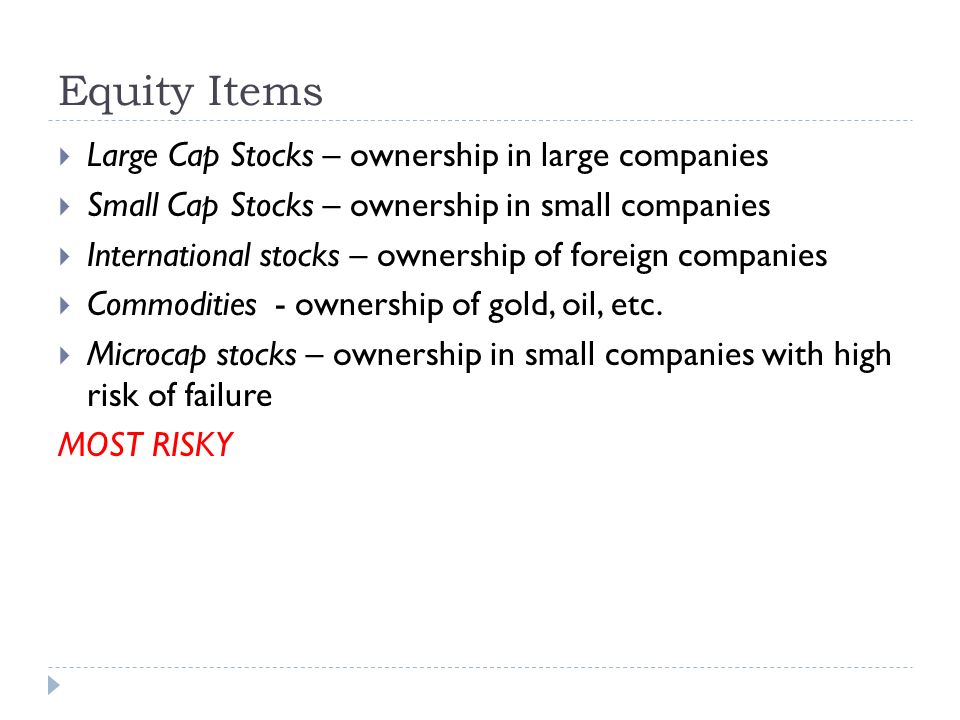 Equity Items  Large Cap Stocks – ownership in large companies  Small Cap Stocks – ownership in small companies  International stocks – ownership of foreign companies  Commodities - ownership of gold, oil, etc.