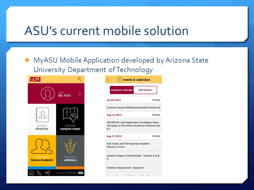 ASU’s current mobile solution  MyASU Mobile Application developed by Arizona State University Department of Technology