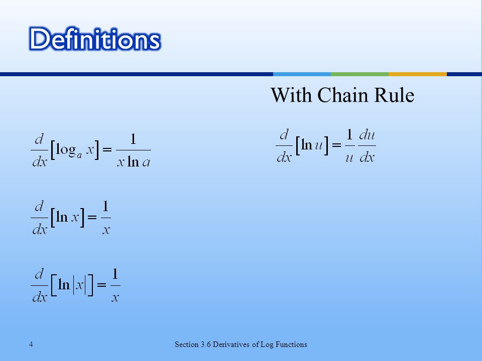 With Chain Rule Section 3.6 Derivatives of Log Functions4