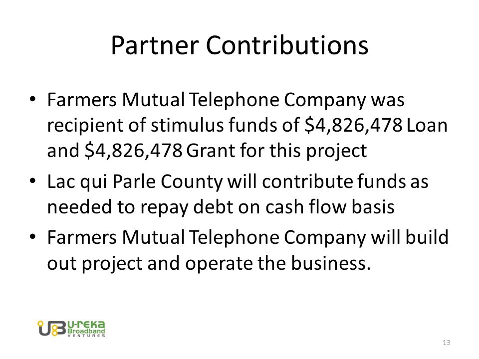 Partner Contributions Farmers Mutual Telephone Company was recipient of stimulus funds of $4,826,478 Loan and $4,826,478 Grant for this project Lac qui Parle County will contribute funds as needed to repay debt on cash flow basis Farmers Mutual Telephone Company will build out project and operate the business.