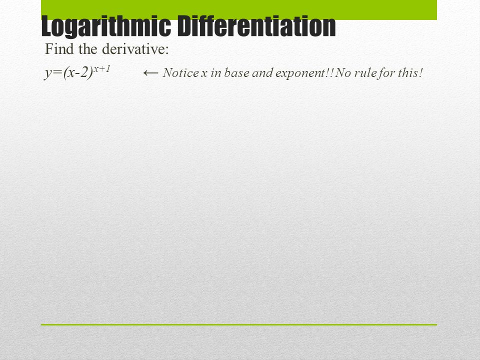 Logarithmic Differentiation Find the derivative: y=(x-2) x+1 ← Notice x in base and exponent!.