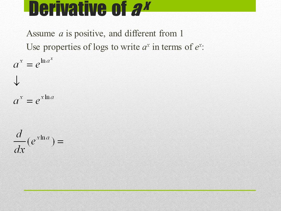 Derivative of a x Assume a is positive, and different from 1 Use properties of logs to write a x in terms of e x :