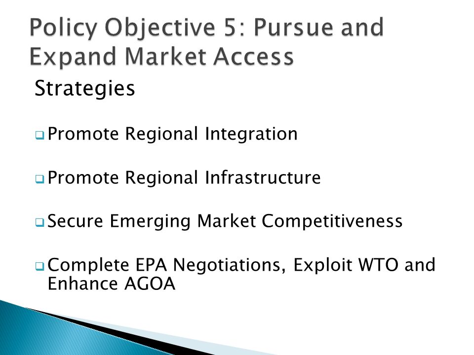 Strategies  Promote Regional Integration  Promote Regional Infrastructure  Secure Emerging Market Competitiveness  Complete EPA Negotiations, Exploit WTO and Enhance AGOA