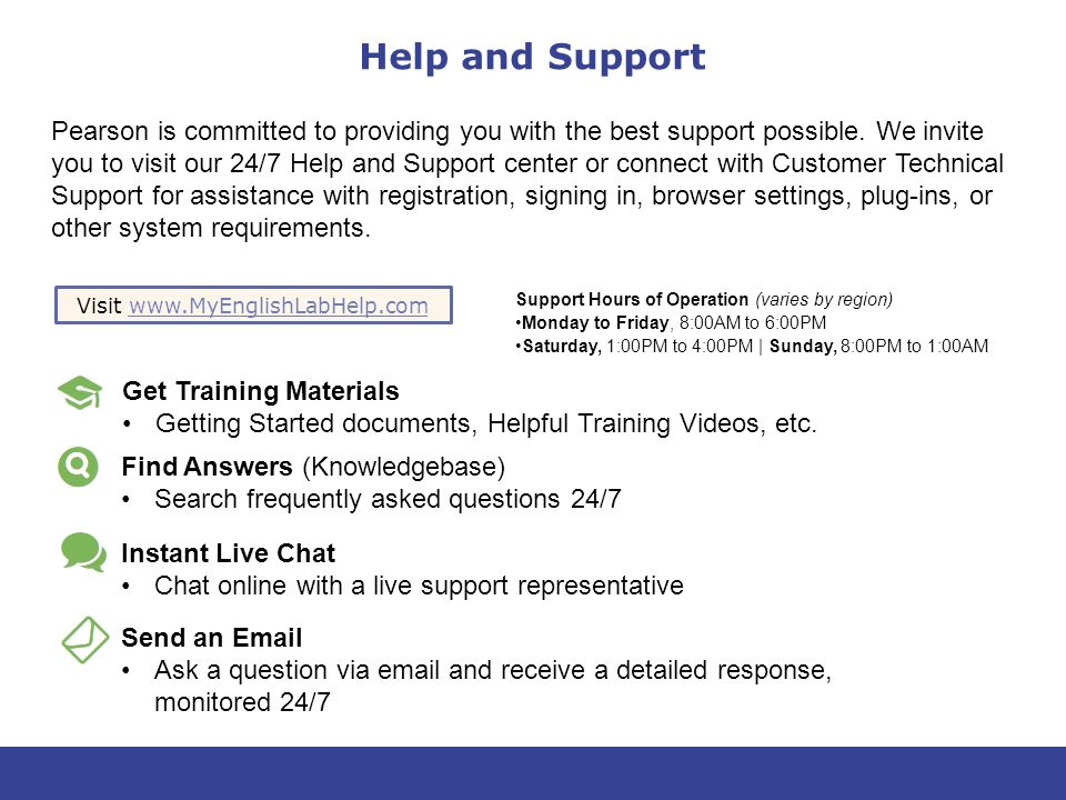 Help and Support Visit   Find Answers (Knowledgebase) Search frequently asked questions 24/7 Instant Live Chat Chat online with a live support representative Send an  Ask a question via  and receive a detailed response, monitored 24/7 Support Hours of Operation (varies by region) Monday to Friday, 8:00AM to 6:00PM Saturday, 1:00PM to 4:00PM | Sunday, 8:00PM to 1:00AM Get Training Materials Getting Started documents, Helpful Training Videos, etc.