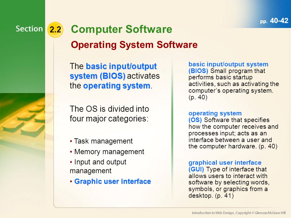Computer Software Operating System Software basic input/output system (BIOS) operating system The basic input/output system (BIOS) activates the operating system.