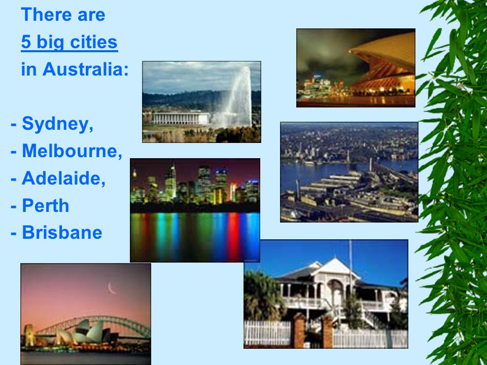 There are 5 big cities in Australia: - Sydney, - Melbourne, - Adelaide, - Perth - Brisbane