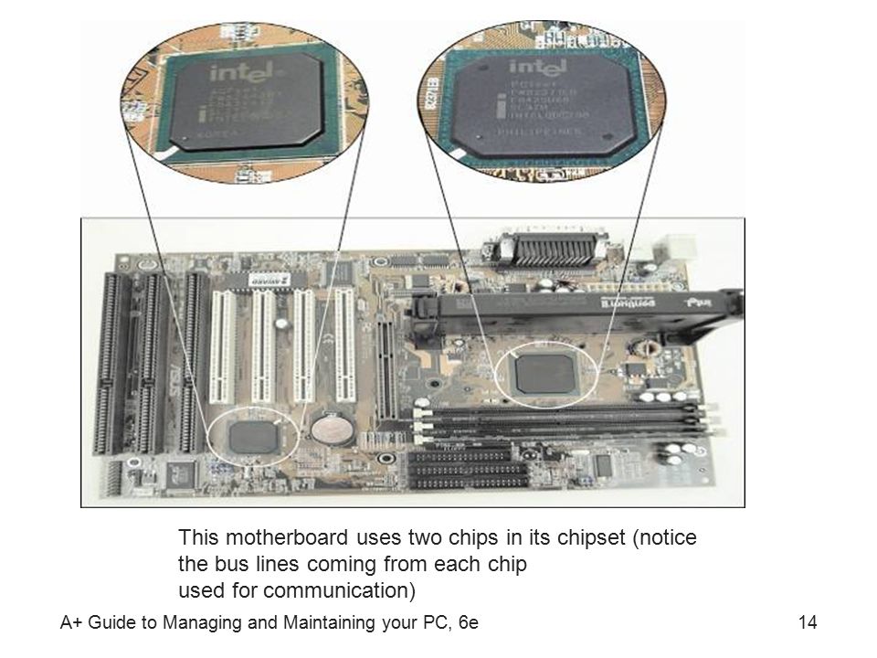 A+ Guide to Managing and Maintaining your PC, 6e14 This motherboard uses two chips in its chipset (notice the bus lines coming from each chip used for communication)