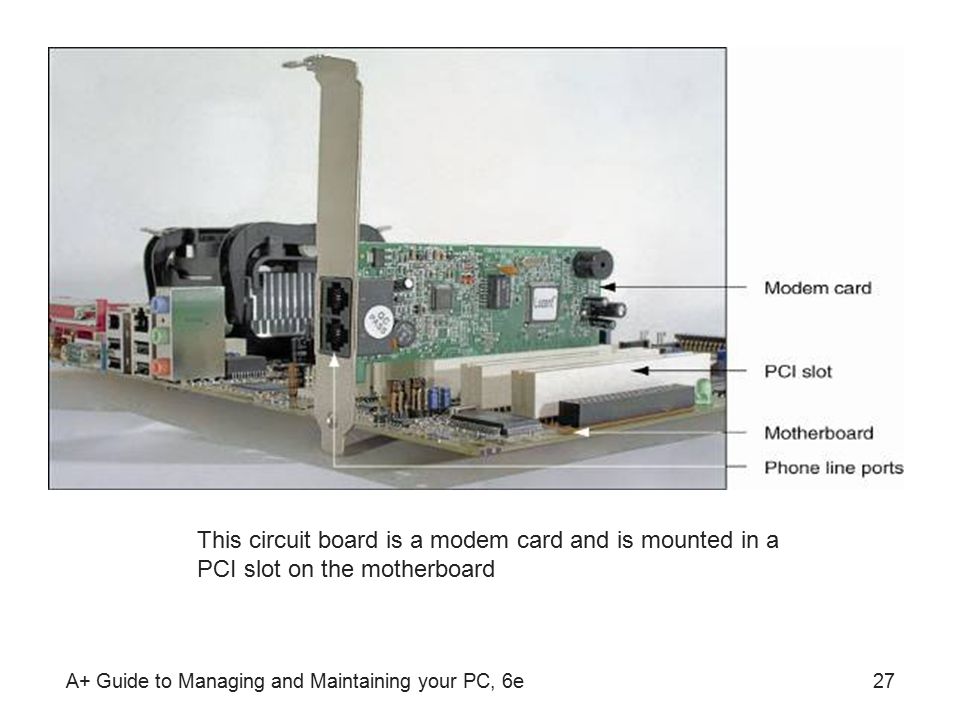 A+ Guide to Managing and Maintaining your PC, 6e27 This circuit board is a modem card and is mounted in a PCI slot on the motherboard