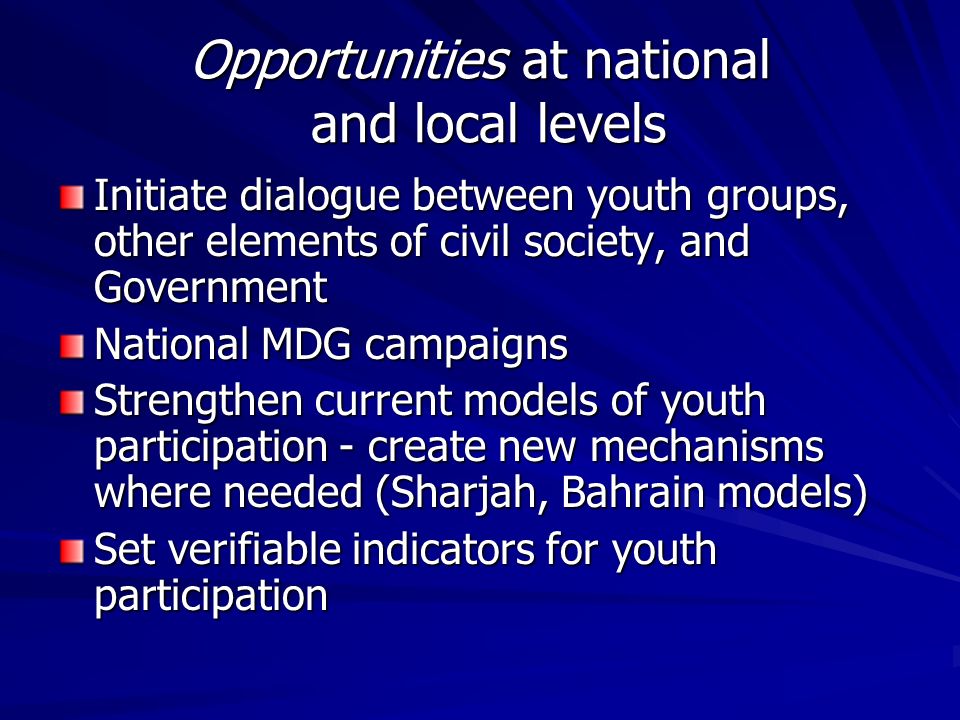 Opportunities at national and local levels Initiate dialogue between youth groups, other elements of civil society, and Government National MDG campaigns Strengthen current models of youth participation - create new mechanisms where needed (Sharjah, Bahrain models) Set verifiable indicators for youth participation