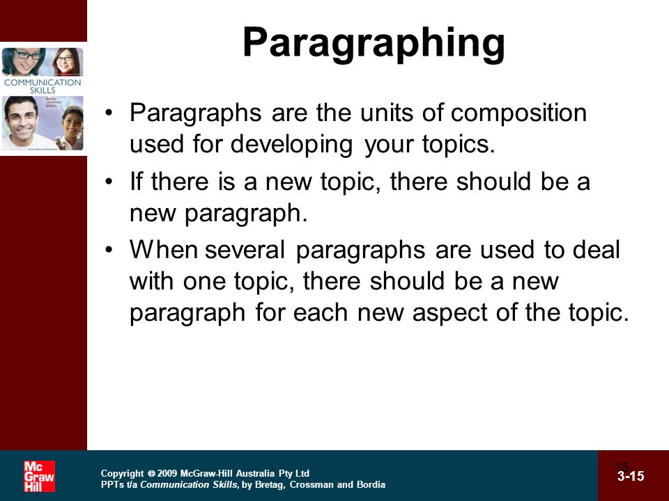 Copyright  2009 McGraw-Hill Australia Pty Ltd PPTs t/a Communication Skills, by Bretag, Crossman and Bordia Paragraphing Paragraphs are the units of composition used for developing your topics.