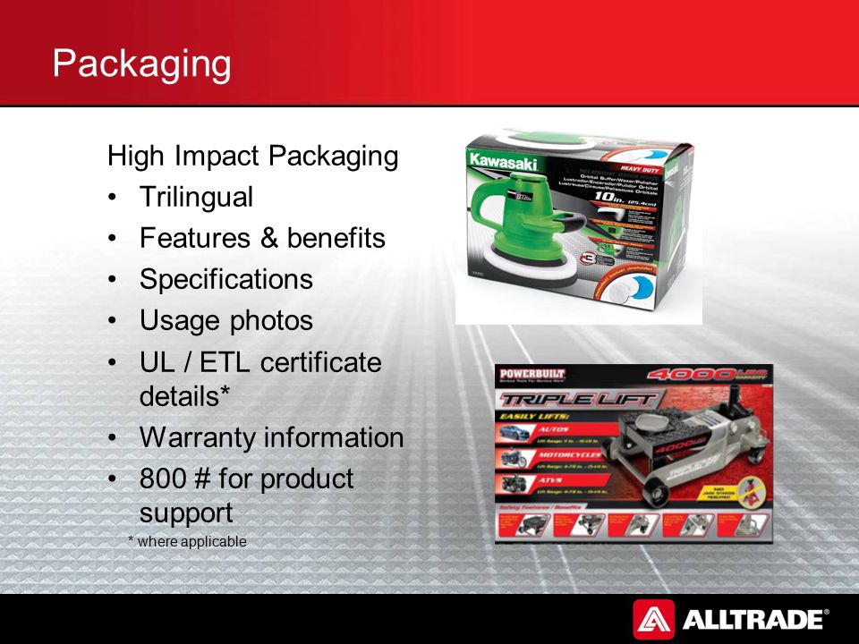 Packaging High Impact Packaging Trilingual Features & benefits Specifications Usage photos UL / ETL certificate details* Warranty information 800 # for product support * where applicable