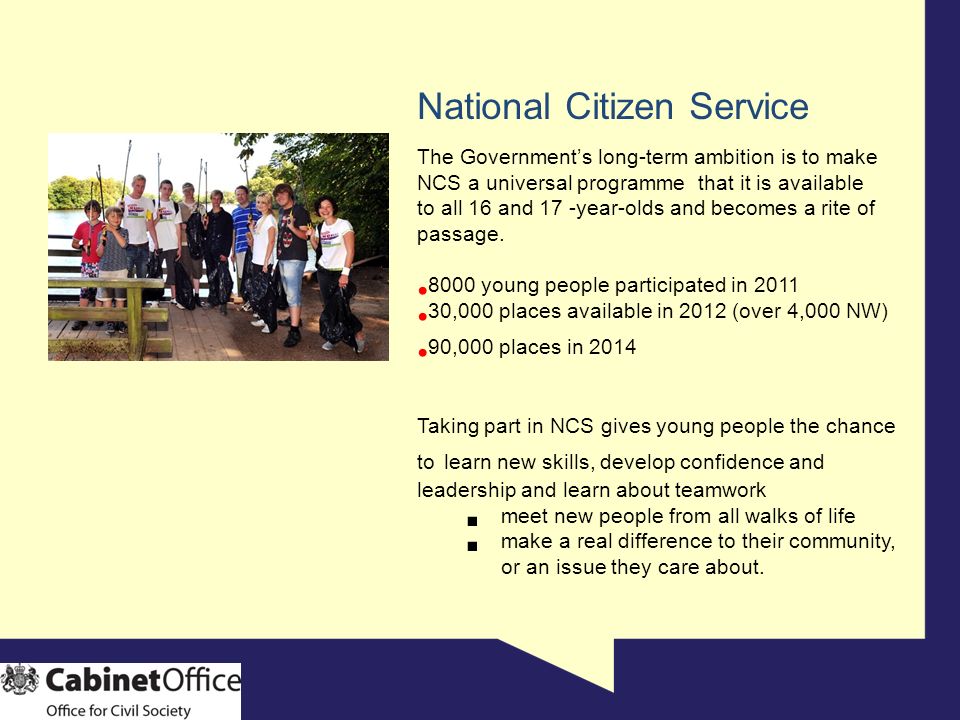 National Citizen Service The Government’s long-term ambition is to make NCS a universal programme that it is available to all 16 and 17 -year-olds and becomes a rite of passage.