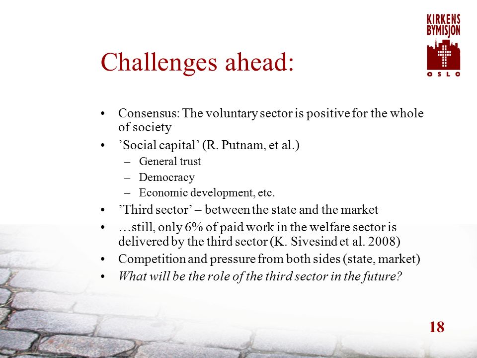 18 Challenges ahead: Consensus: The voluntary sector is positive for the whole of society ’Social capital’ (R.