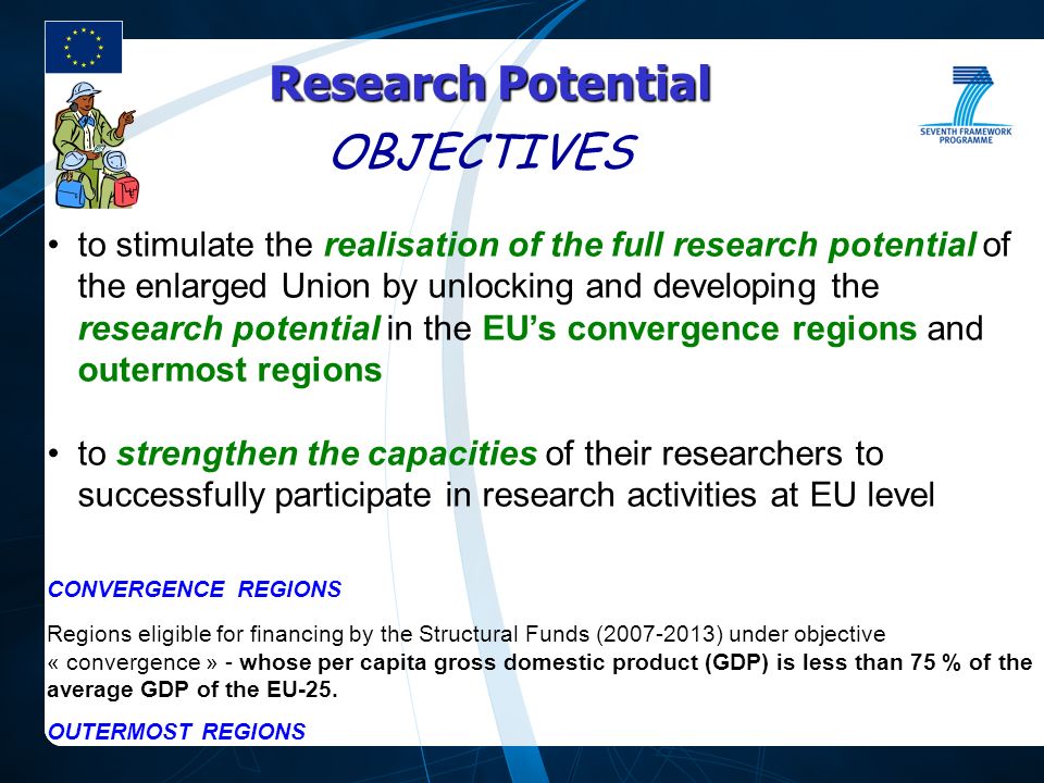 OBJECTIVES to stimulate the realisation of the full research potential of the enlarged Union by unlocking and developing the research potential in the EU’s convergence regions and outermost regions to strengthen the capacities of their researchers to successfully participate in research activities at EU level Research Potential CONVERGENCE REGIONS Regions eligible for financing by the Structural Funds ( ) under objective « convergence » - whose per capita gross domestic product (GDP) is less than 75 % of the average GDP of the EU-25.