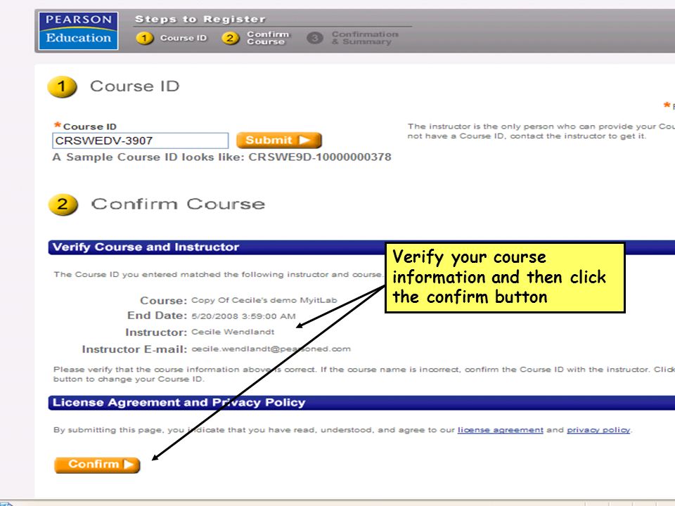 Verify your course information and then click the confirm button