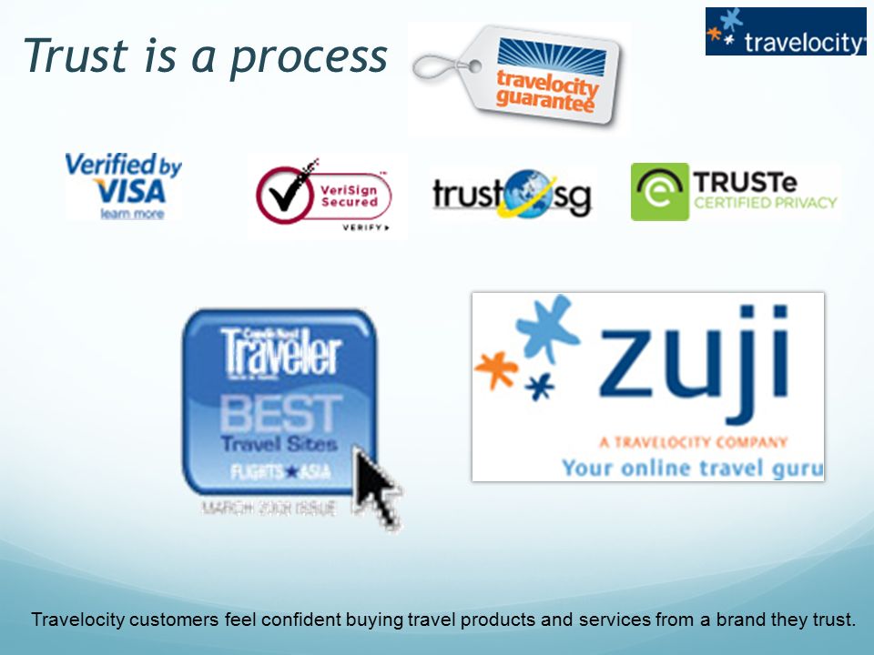 Trust is a process Travelocity customers feel confident buying travel products and services from a brand they trust.