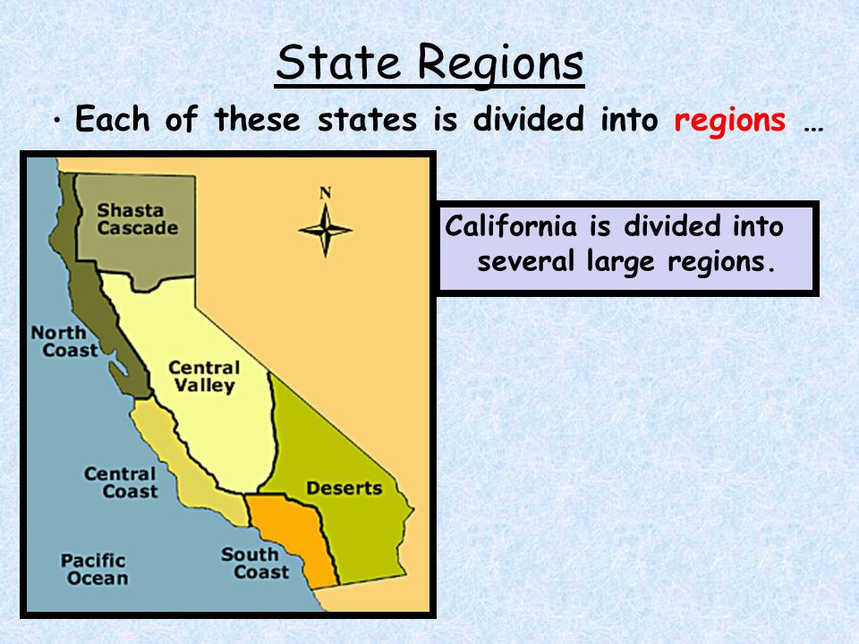 State Regions Each of these states is divided into regions … California is divided into several large regions.