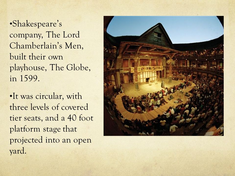 Shakespeare’s company, The Lord Chamberlain’s Men, built their own playhouse, The Globe, in 1599.