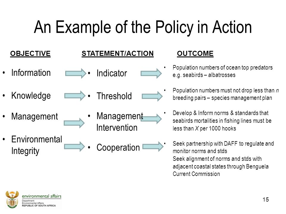 An Example of the Policy in Action 15 Information Knowledge Management Environmental Integrity Indicator Threshold Management Intervention Cooperation Population numbers of ocean top predators e.g.