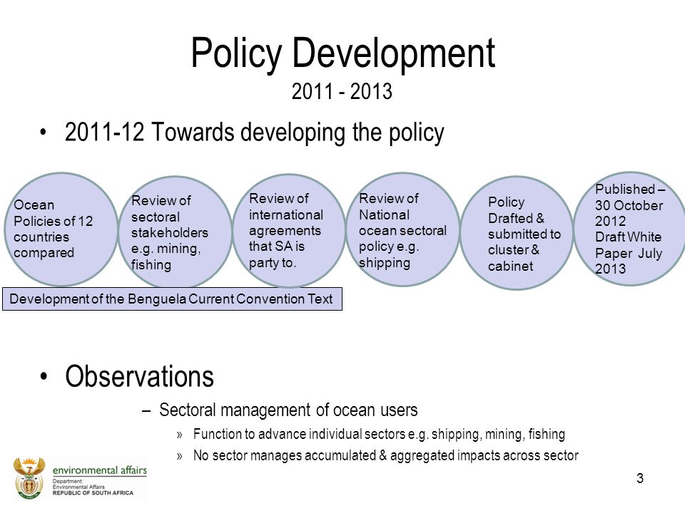 Towards developing the policy Observations –Sectoral management of ocean users »Function to advance individual sectors e.g.