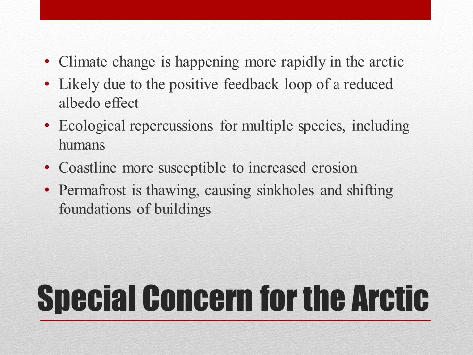 Special Concern for the Arctic Climate change is happening more rapidly in the arctic Likely due to the positive feedback loop of a reduced albedo effect Ecological repercussions for multiple species, including humans Coastline more susceptible to increased erosion Permafrost is thawing, causing sinkholes and shifting foundations of buildings