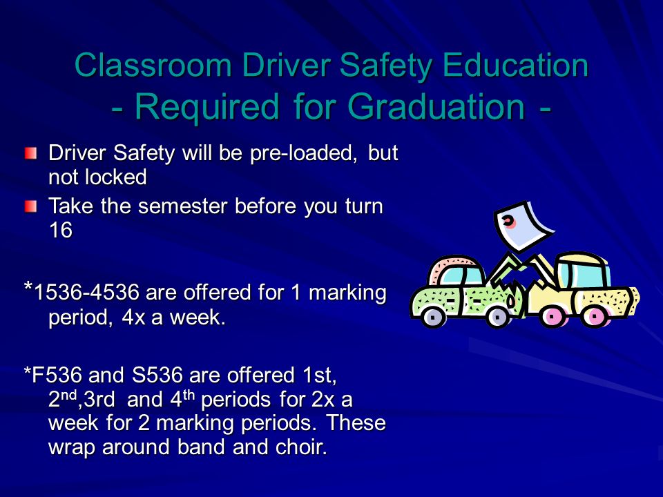 Classroom Driver Safety Education - Required for Graduation - Driver Safety will be pre-loaded, but not locked Take the semester before you turn 16 * are offered for 1 marking period, 4x a week.